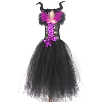 Maleficent mačehe Dekleta Tutu Obleko z Rogovi Krila Halloween Cosplay Čarovnice Kostum za Otroke Stranka Božič Obleko
