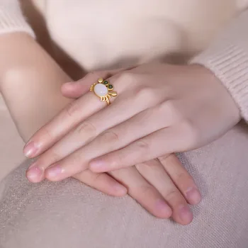 Srebro vdelan naravnih Hetian jade rakovice odpiranje nastavljiv prstan Kitajski retro sveže romantični oddih lepe ženske blagovne znamke nakit