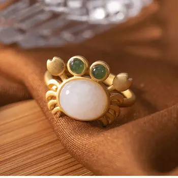 Srebro vdelan naravnih Hetian jade rakovice odpiranje nastavljiv prstan Kitajski retro sveže romantični oddih lepe ženske blagovne znamke nakit