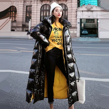 ZURICHOUSE Prevelik Zimski Plašč Ženski Dolgo Parka 2021 Moda Sijajni Črni Svoboden Toplo Outwear Hooded Prešita Jakna Ženske