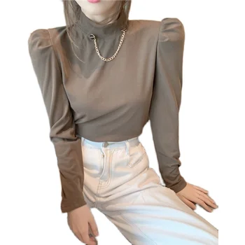 2020 nov izdelek Azijska različica moda temperament vrh jeseni trendy ženske divje dolgo sleeved verige pol visoko vratu T-shirt