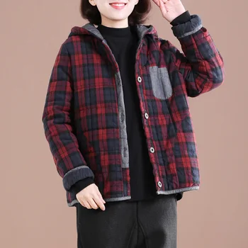 Aransue Zimska Jakna Ženske Nove Korejske Modne Plašč Svoboden Velike Bombaž Veste Priložnostne Hooded Kratek Kariran Design Vrh
