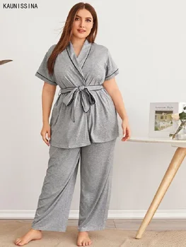 Plus Velikost Ženske Pižame Določa Sleepwear Kimono Proti-Vrat Kratek Rokav Svoboden Nightshirt Dolge Hlače Prevelike Pižamo Loungewear