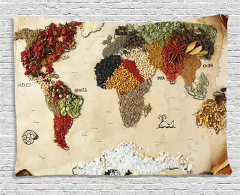 Svetovni Zemljevid Tapiserija, Zemljevid Sveta, Različnih Začimb Design z Živili Boemski Stil Umetnine