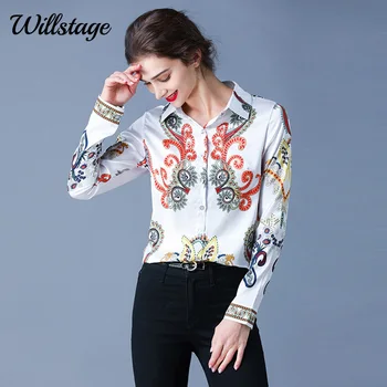 Willstage Bele majice dolg rokav gumb bluzo ženske cvjetnim natisne vzorec Majica Elegantno obrabe 2020 Jeseni Ženska oblačila