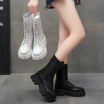 2020 Novo Sredi Tele Škornje, Ženske, Jeseni, Pozimi Moda Čipke-up Zadrgo Botas Mujer Škornji Šport Platformo Pete Dame Čevlji