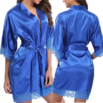 Ženske Saten Svila kopalni plašč Poševno Proti-Vrat Kratek Čipke-Klesan Kimono Plašč Družice Nightgown Sleepwear