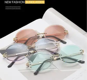 2021 Novo Ovalne Rimless sončna Očala Ženske blagovne Znamke Oblikovalec Letnik UV400 Vožnje Sonce Stekla brez okvirjev Moških Modnih Očal