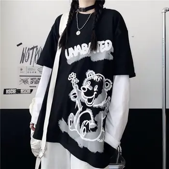 Mozaik Rock Tshirt Streerwear Jeseni Japonski T Shirt Medved Tiskanja Tees Dekle Hip Hop Vrhovi Vzročno Svoboden Punk Majice S Kratkimi Rokavi Ženske