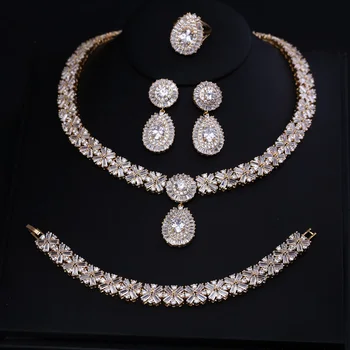Luksuzni Zlato Barvo ogrlico, uhane obroč iz Elegantno Obliko Poročne kubičnih cirkonij 4pcs Veliki Poročni Nakit Sklopov Za Neveste