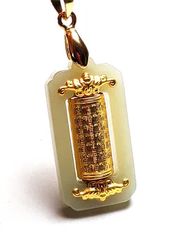 Fine Nakit 24K Gold Tajska Odlomek iz svetih spisov, ki Želijo Vrtenja Obesek, Belo Jadees s Srebrno Verigo Ogrlica Darila