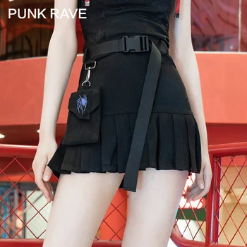 PUNK RAVE Dekle je Punk Kitajski Slog Black & Kariran Kratko Krilo Punk Plima Visoko Pasu A-line Nabrano Krilo Ženske Poletje
