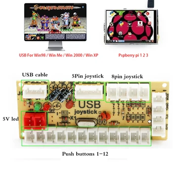 DIY Arkadne Igre Deli za Nič Zamudo USB Kodirnik za PC+4/8 Način, Ameriški Stil Palčko+kromiran osvetljeni LED Pritisni Gumb