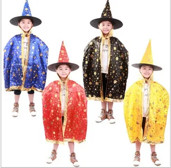 Fant Dekle Otroci Otrok Halloween Costums Čarovnica Čarovnik Plašč Plašč Plašč in Klobuk, Kapa Zvezde Fancy Cosplay Fantje Dekleta