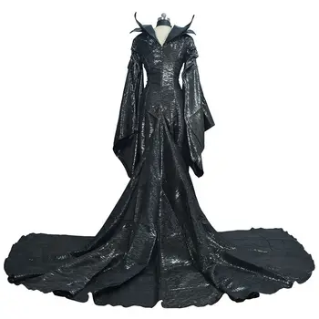 Visoka Kakovost Temno Čarovnica Maleficent Cosplay Maleficent Čarovnice Kostum Črno Obleko Rog Pokrivala Halloween Party Dekleta Odrasle Ženske