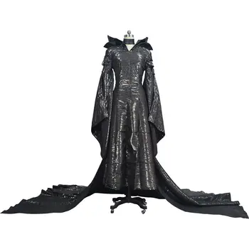 Visoka Kakovost Temno Čarovnica Maleficent Cosplay Maleficent Čarovnice Kostum Črno Obleko Rog Pokrivala Halloween Party Dekleta Odrasle Ženske