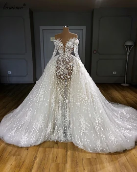 Luksuzni Beli Biseri Poročne Obleke 2020 Prameni Kosov Iluzijo Svate Halje Z Dolgimi Rokavi Nevesta Obleke Z Dolgimi Vlak