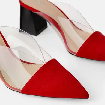 ZNANE blagovne ZNAMKE ISTI model 2020 Poletje Ženska Mul Rdeča plastična Rdeče Pregleden Opozoril Debele Pete Lady čevlji