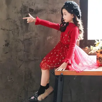 Dekleta Princesa Obleke z Dolgimi Rokavi Spomladi in Jeseni otroška Oblačila Novo korejsko Cvetlični O-vratu Otroci Obleko za 3-13 Let