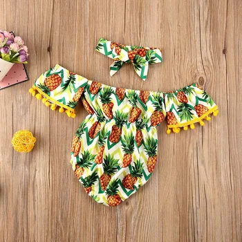 Moda Newborn Baby Toddler Dekle Ananas Tiskanja Kratek Rokav Romper Vrhovi +Glavo Poletne Obleke