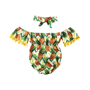 Moda Newborn Baby Toddler Dekle Ananas Tiskanja Kratek Rokav Romper Vrhovi +Glavo Poletne Obleke