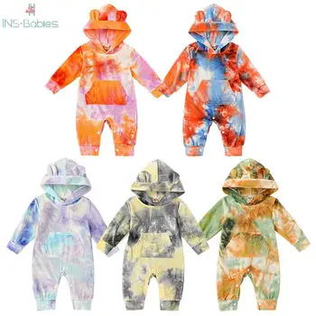 Jeseni baby girl obleke Tie dye Romper za fanta in dekleta 0-24m NewBorn Baby Oblačila otroci jumpsuit z hooded Halloween Kostum