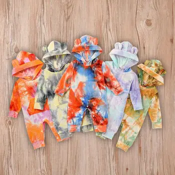 Jeseni baby girl obleke Tie dye Romper za fanta in dekleta 0-24m NewBorn Baby Oblačila otroci jumpsuit z hooded Halloween Kostum
