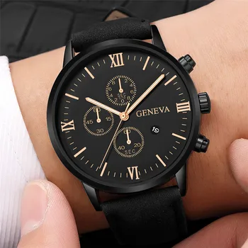ŽENEVA luksuzne blagovne znamke moda za moške iz nerjavečega jekla šport ura je priložen koledar usnjeni trak poslovnih quartz uro