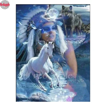 5d diy diamond slikarstvo Američani Indijski dekle je Dream catcher Cross Stitch Smolo Polno Diamond Barvanje konj wolf 3d sliko