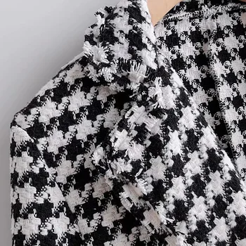 Vintage stilom houndstooth kariran tweed jopič ženske 2019 zarezo ovratnik tassel dolg plašč ženski urad obrabe moda vrhovi