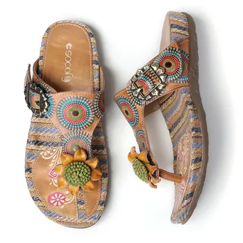 SOCOFY Retro Usnje Bohemia Ženske Sandale Etnične Pletenje Cvet Dekorativne Sponke Toe Kovinske Sponke Sandali Botas Mujer 2020