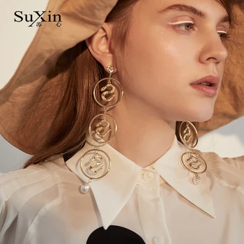 SuXin uhani 2020 novo preprost krog serpentine uhani za ženske dolgo zlitine obesek, uhani nakit darilo